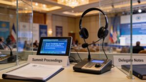 A simultaneous translator workstation setup equipped with audio headsets and digital speech processing tablets inside a diplomatic summit booth.