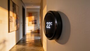 A sleek wall-mounted digital thermostat displaying glowing indoor temperature readings.