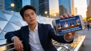 A smartphone displaying a live international stream with real-time text captions being held by a user outdoors.