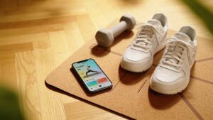 A smartphone showing a mobility application resting alongside a cork yoga mat and foam roller on a light wood floor.