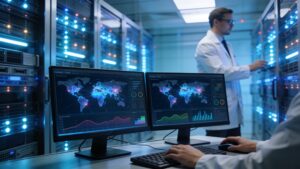 A software systems engineer analyzing global digital distribution metrics inside a contemporary data center.
