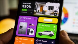 A solar-powered modern home paired with a digital dashboard monitoring solar production and home energy consumption.