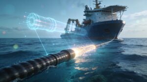 A specialized maritime vessel installing subsea fiber-optic data infrastructure across the ocean floor.