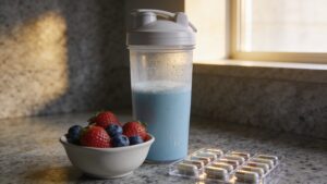 A specialized post-workout athletic recovery nutrition setup including electrolyte drinks and targeted supplements.