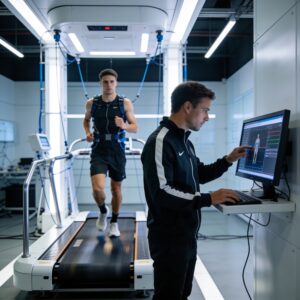 A sports scientist monitoring real-time biomechanical diagnostics on a professional athlete inside a modern sports lab.