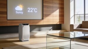 A state-of-the-art minimalist living room featuring seamlessly integrated smart home displays and ambient design hardware.