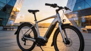 A state-of-the-art modern electric commuter bike showcasing clean integration and architectural urban styling.
