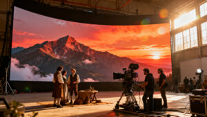 A state-of-the-art virtual production soundstage utilizing a massive curved LED wall to display photorealistic background environments live.