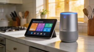 A sunlit modern living room equipped with ambient lighting and smart home buying guide technology.