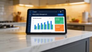 A tablet device showing an interface designed to track and organize multiple digital streaming service subscriptions.