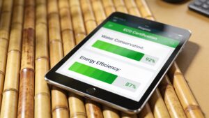 A tablet device showing an interface tracking venue sustainability metrics and international environmental compliance scores.
