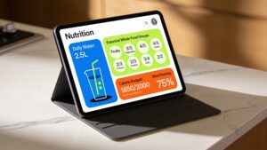 A tablet screen showing an intuitive wellness application designed to organize weekly whole food meals and monitor hydration.