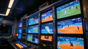 A television production control room showing multiple video monitors tracking real-time sports broadcast feeds and replay angles.
