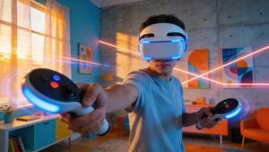 A user experiencing interactive media and virtual reality as part of digital entertainment evolution trends.