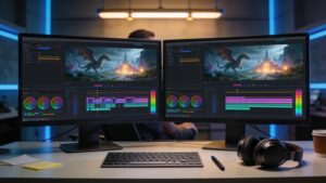 A video editor working on digital film post-production timeline controls inside a studio setup.