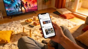 A viewer interacting with a smartphone app while simultaneously watching a movie on a large smart television screen.