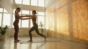 A wellness instructor guiding a client through gentle mobility exercises in a natural light fitness space.