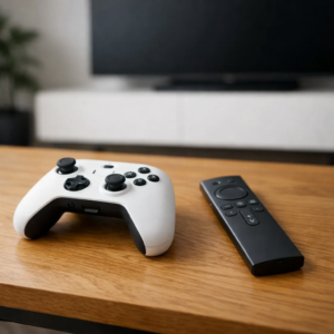 A wireless video game controller placed next to a smart TV remote on a clean wooden coffee table.