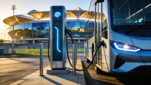 A zero-emission electric shuttle bus recharging at a stadium transit hub to transport event attendees cleanly.