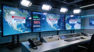 An advanced emergency broadcast control center utilizing multi-screen map displays and text warning systems.