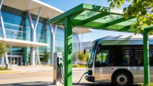 An electric shuttle bus connected to a charging port at a modern transit station outside an event venue.