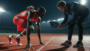 An elite sprinter using modern sports training evolution technologies alongside a athletic trainer on a running track.
