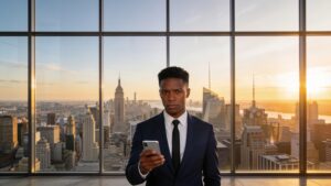 An international communications director reviewing real-time media metric updates on their smartphone at dawn.