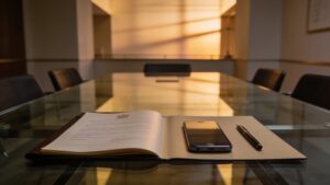 An open corporate compliance folder resting on a glass conference table highlighting international software governance guidelines.