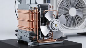 An open view of the high-quality internal mechanics and thermal coils of an air-source heat pump system.