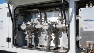 An open view of the high-quality internal plumbing and clean thermal valves of a temporary hydrogen generator system.
