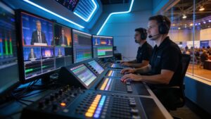 Broadcast engineers managing live multi-camera video switcher feeds inside an event control room.