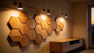 Decorative wooden acoustic wall panels installed inside a modern living room to minimize echo and audio distortion.