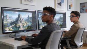 Digital environments being modified simultaneously by visual effects artists on dual workspace monitors.