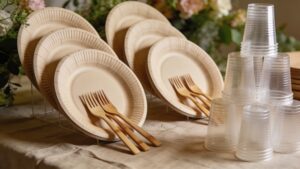Eco-friendly event catering dinnerware showcasing compostable plant-fiber plates and natural wooden utensils.
