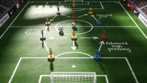 Green tactical board illustrating advanced football strategies and player formation movements.