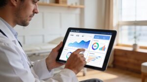 Healthcare professional using AI-driven future technology trends on a tablet to analyze patient health data.