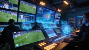 High-tech sports broadcasting control room tracking live multi-angle football tournament metrics.