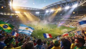 Massive modern football stadium filled with international fans celebrating during a global tournament match.