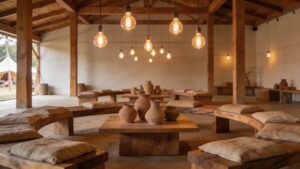 Natural wooden decor and warm lighting showcasing tactile designs within experiential event crafting strategies.