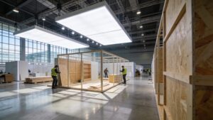 Production crew assembling sustainable modular exhibition booths inside a modern convention center hall.
