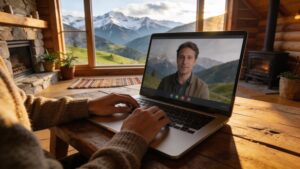 Remote worker leveraging satellite connectivity and future technology trends from a remote cabin location.