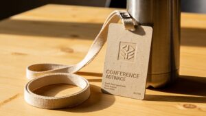 Sustainable event accessories including a plantable seed-paper badge, an organic lanyard, and a reusable aluminum bottle.