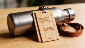 Sustainable event accessories including recyclable bamboo badges, fabric lanyards, and reusable water bottles.