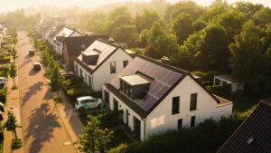Sustainable neighborhood displaying clean energy and future technology trends in urban planning.