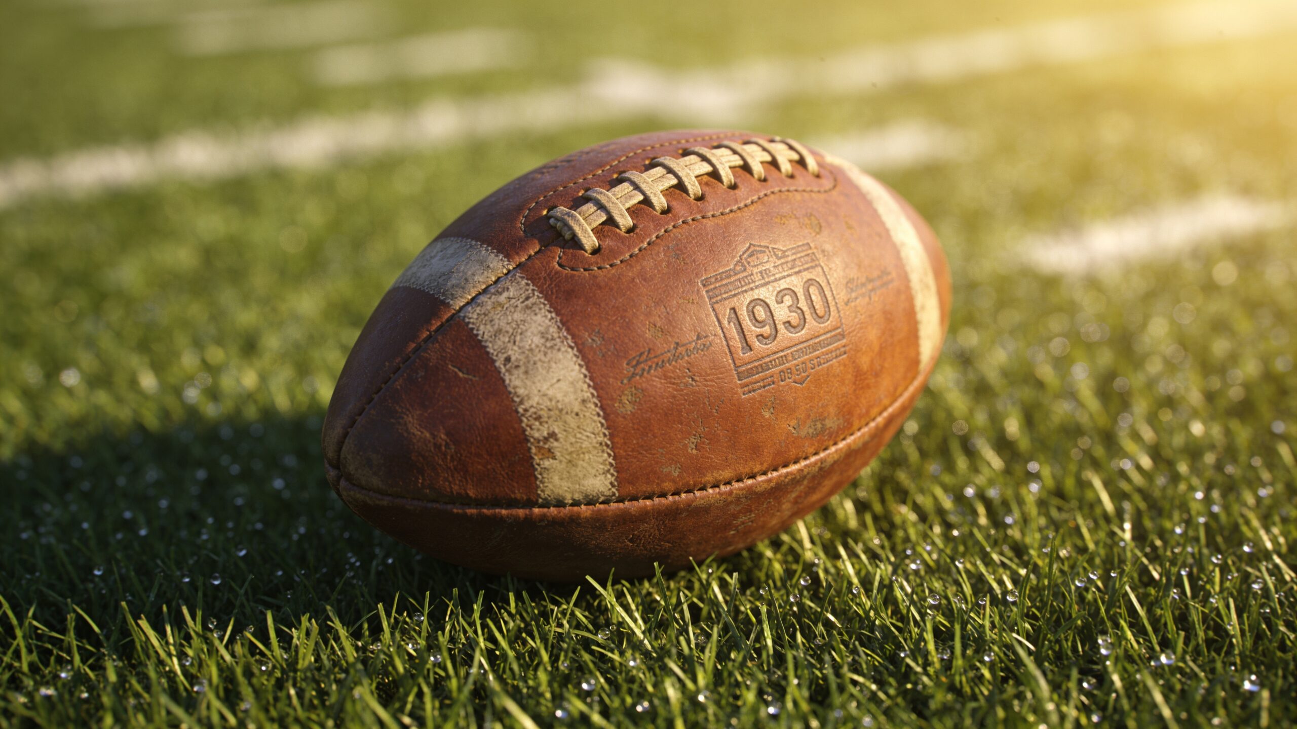 Vintage leather football from the early eras of FIFA World Cup evolution international tournament history resting on green grass.