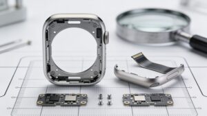 A disassembled high-end smart watch showing clean internal circuit boards and an ultra-thin solid-state battery component.
