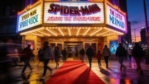 A cinema marquee demonstrating theatrical distribution in streaming ecosystem evolution and digital cinema trends.