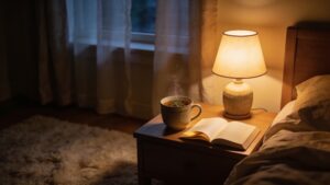 A cozy evening setup illustrating wind-down routines within holistic circadian lifestyle habits.