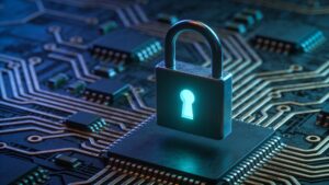 A cyber security conceptual image demonstrating data protection in edge computing and artificial intelligence integration.