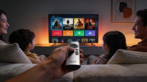 A family using a modern streaming interface featured in streaming era home theater entertainment trends.